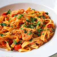 Makaron z pomidorami i pstrągiem